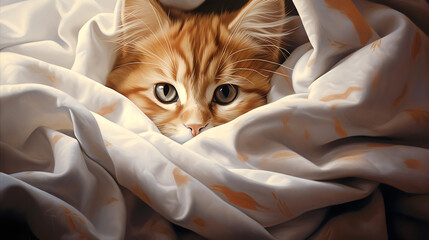 Cute ginger cat hiding under blanket, fluffy pet