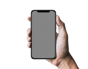 Hand holding modern smartphone with blank screen for user content isolated on transparent background