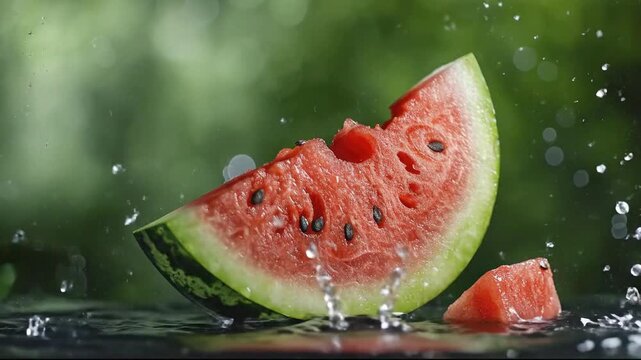 A close-up of a watermelon wedge with a bite mark as water splashes around it against a soft green backdrop