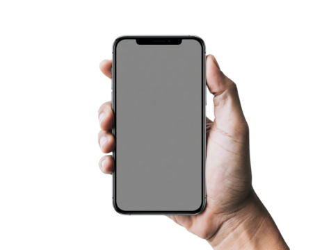 Hand holding modern smartphone with blank screen for user content isolated on transparent background