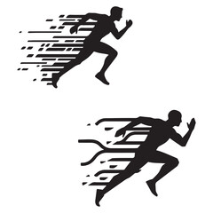 Black silhouette vector set of fast runners sprinting with speed motion lines