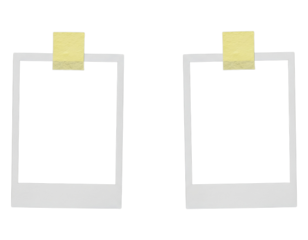 Two blank instant photo frames taped, copy space for memories isolated on transparent background