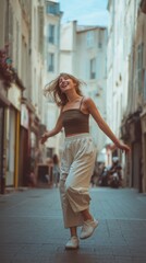 Naklejka premium Young Woman Taking Playful Dance Step Outdoors