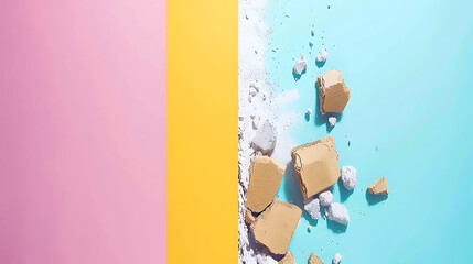 Flat lay of broken blue and pink paper background, minimal style, copy space