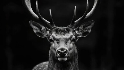 Majestic deer head with long antlers in black and white. - Powered by Adobe