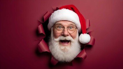 Santa Claus peeking through a torn red paper background with a joyful expression