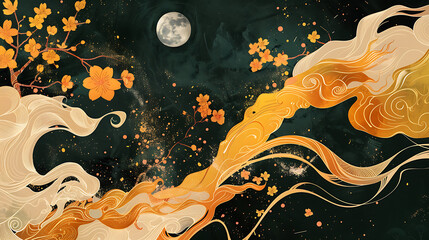 Asian-style grunge background with autumn leaves and moon, vector illustration