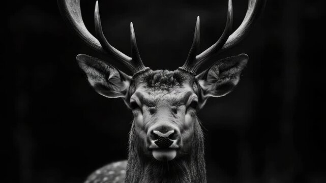 Majestic deer head with long antlers in black and white.