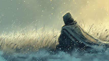 Winter landscape with man in torn coat sitting on grass. 3D illustration