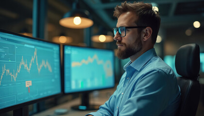 Man in blue shirt wears glasses, focuses on dual computer screens showing stock market graphs and data. He sits in a dark control room overseeing operations, planning routes.