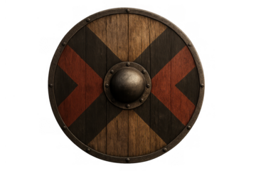 Viking round shield featuring wood planks and metal boss for medieval warfare protection, transparent background