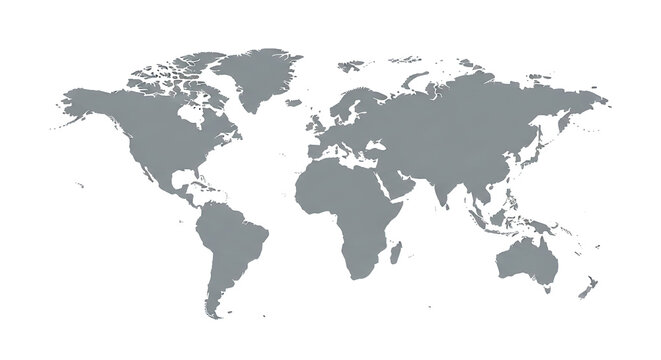 World map in gray isolated on transparent background showing continents and countries
