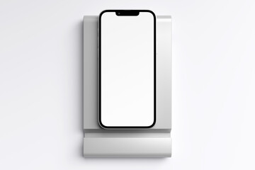 Top view 3D smartphone mockup with blank white screen on a minimalist stand, isolated on a white background. Clean design for UI/UX app presentation