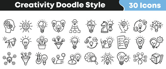 Creativity doodle icon set with hand drawn ideas, innovation, imagination, brainstorming, vision and creative thinking symbols