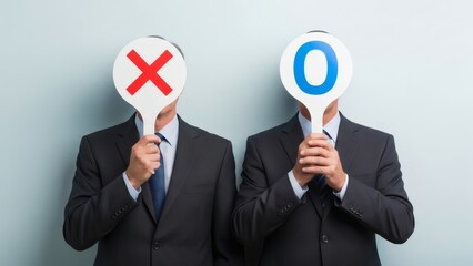 Businessmen holding X and O signs with representing decisions, choices, and and concepts.