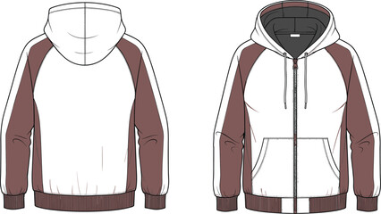 Unisex color-block zipped hooded sweatshirt technical fashion flat template, detailed raglan sleeves, front pockets, ribbed cuffs, design apparel vector sketch. © ASH Labs