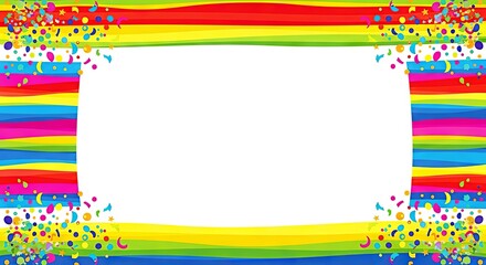 Colorful rainbow frame with confetti on a white background  