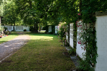 viel große Urnenwände unter schattigen Bäumen Friedhof in Kaufbeuren © Blende8