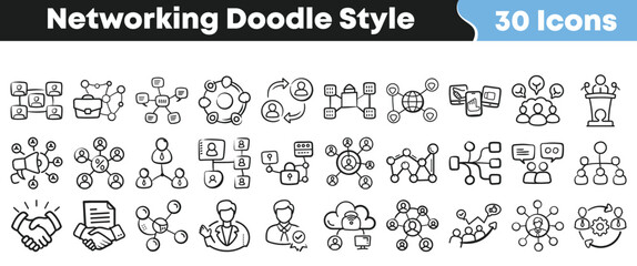 Networking doodle icon set with hand-drawn symbols for communication, collaboration, connection, leadership, teamwork and digital interaction