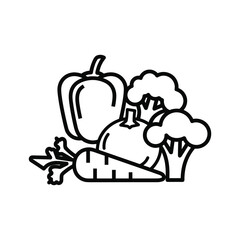 Fresh vegetables vector line icon Carrot pepper broccoli tomato Vegetarian organic food symbol on white