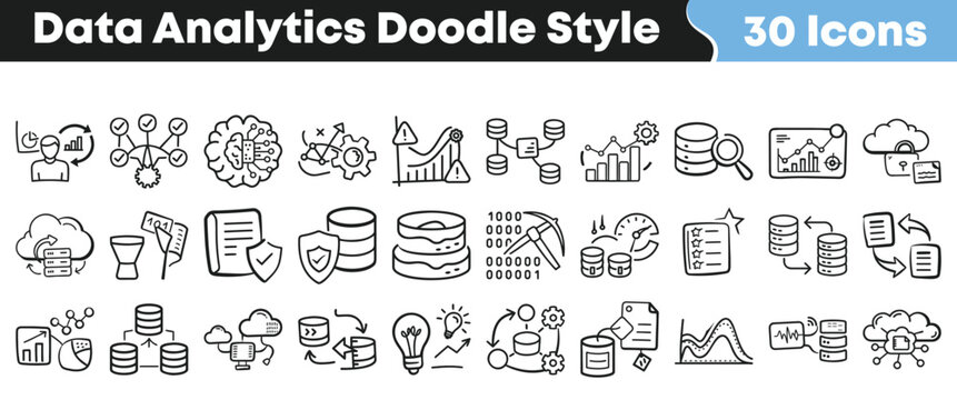Data analytics doodle icon set with hand drawn database, chart, cloud, AI, machine learning and processing symbols