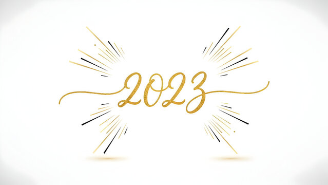 Elegant golden calligraphy of the year 2023 with bursts of light and sparkle