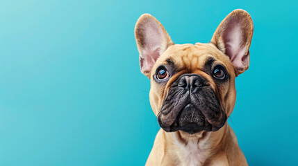 Funny French Bulldog on blue background with copy space