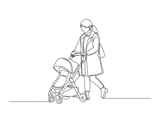 Continuous Line Drawing of Mother Pushing Baby Stroller in Park