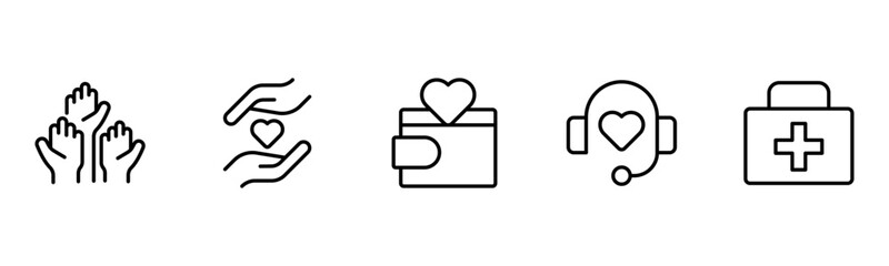 Heart, love, care, help, charity, and donation outline icons are set isolated on a white background in a flat vector illustration.