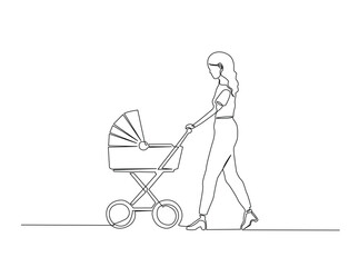 Continuous Line Drawing of Mother Pushing Baby Stroller in Park