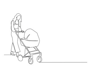 Continuous Line Drawing of Mother Pushing Baby Stroller in Park