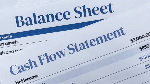 Balance sheet and cash flow statement together top view 4k footage. Business concept, market, valuation, audit