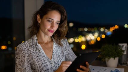 Businesswoman analyzing ai generated report on tablet in modern office at night