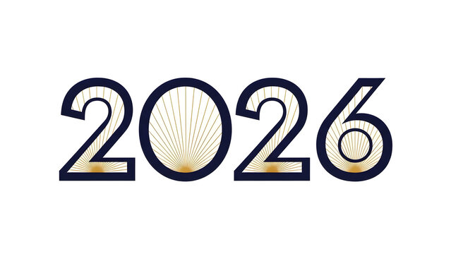 Elegant art deco style number 2026 with golden circular details and dark blue outline