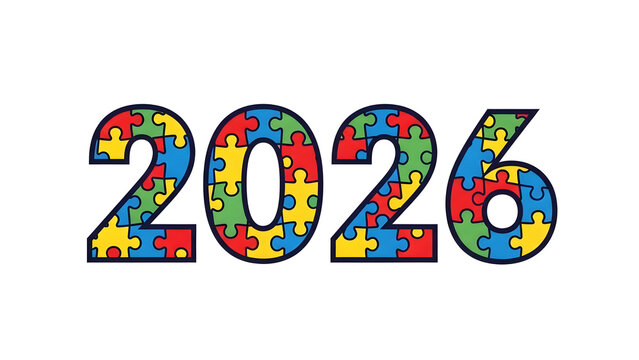 Year 2026 represented by colorful puzzle pieces symbolizing autism awareness and acceptance - Powered by Adobe