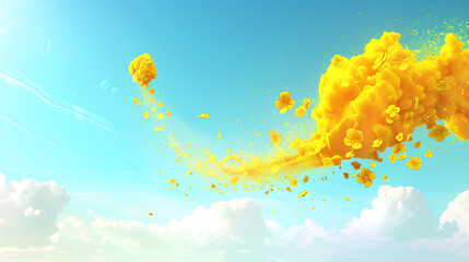 3D rendering of yellow paint splash with flowers against blue sky