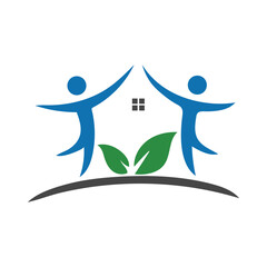 Family home care and community housing vector icon with people and leaf for eco real estate and property services.