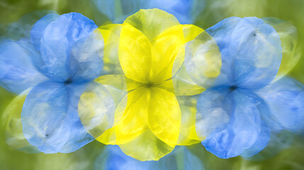 Abstract close-up of blue and yellow freesia flowers on green background