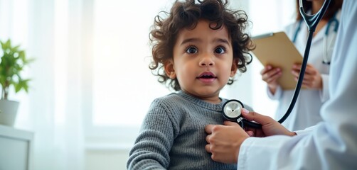 Pediatrician checks young child with stethoscope in clinic office. Doctor listens to kids chest sounds. Female physician records health info. Toddler sees medical professional for care.