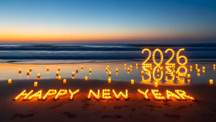 Happy new year 2026 illuminated by candles on a beach at sunset with ocean waves