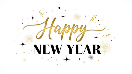 Elegant golden script happy new year text with sparkles and stars on white background