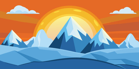Winter mountain landscape vector illustration with snow, sun, and icy peaks