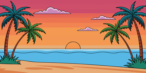 Tropical summer vacation paradise with palm tree silhouette against a sunset sky over the ocean waves