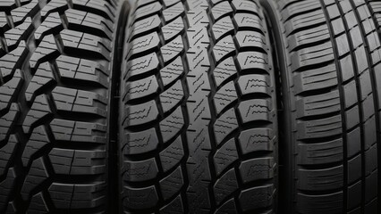 Closeup of Three New Car Tires Tread Detail with Transportation, and Safety Black  White.