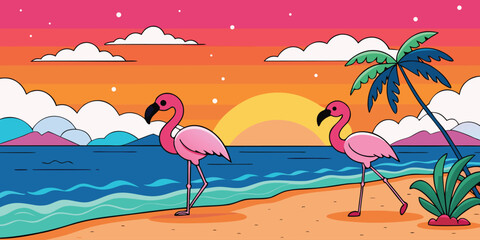 Tropical island beach with palm trees and pink flamingos in the blue summer sky
