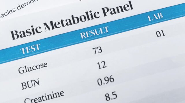 Basic Metabolic Panel test 4k footage close up with results and reference value, health record.