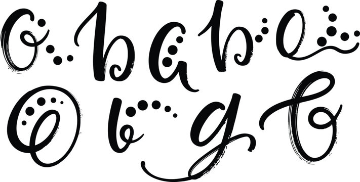 Black Brush Script Letters OBG and Dots on White Background alphabet calligraphy