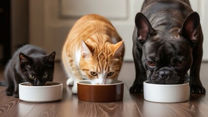 Adorable Trio Cat Kitten with Ginger Cat French Bulldog Devouring Food in Home.