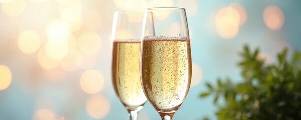 Two champagne glasses filled with bubbly liquid sparkle against blurred bokeh background. Festive atmosphere suggests celebration, joyful moments shared among friends. Image conveys warmth, happiness
