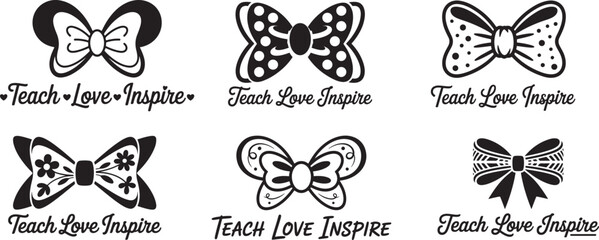 Teach love inspire bows set in line art style for teachers with polka dot designs